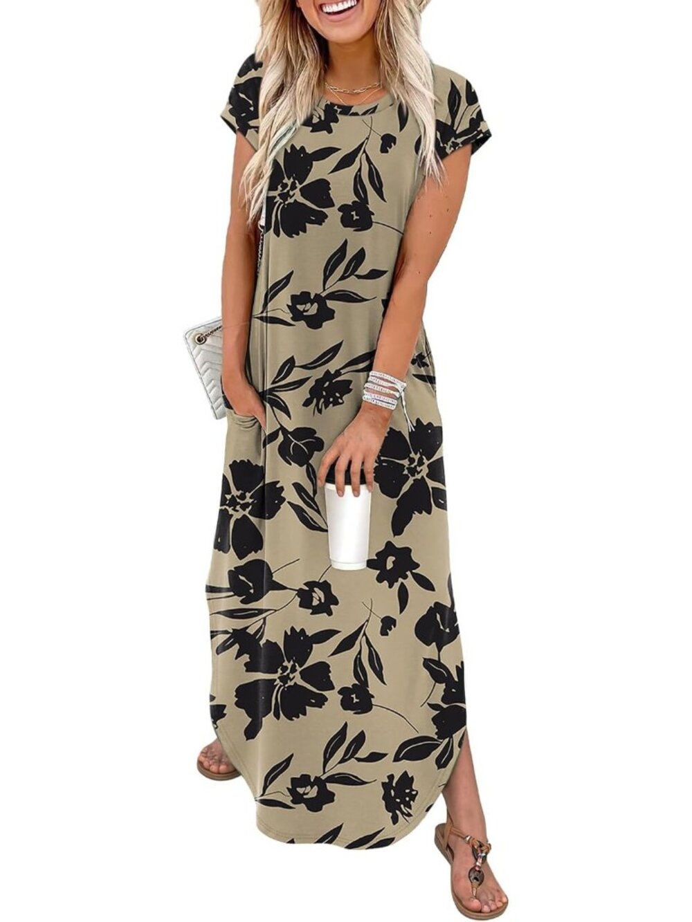 〽️Women’s Floral Black Maxi Dress Crewneck Cap Sleeve Pocket Casual Summer